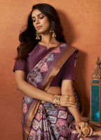 Purple Rangkat and Crepe Silk Aztec Saree With Unstitched Blouse Piece - Mohmanthan Royal Saachi | Grocsy
