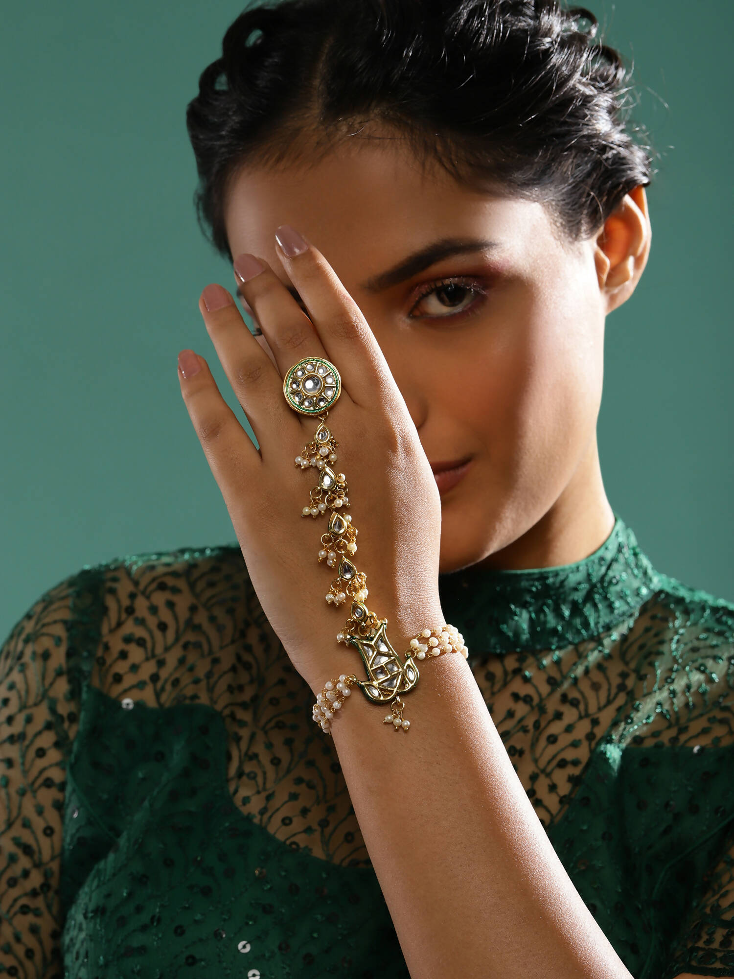 Women's Gold-Toned White Brass Kundan Gold-Polished Link Bracelet - Ruby Raang | Grocsy