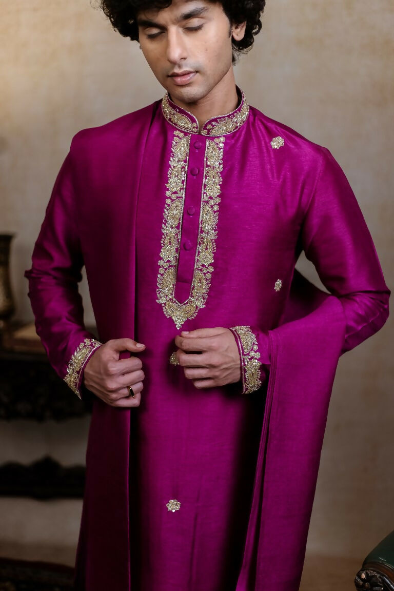Falling Raw Silk Magenta Perple Rajyog Kurta Set By Hilo Design | Grocsy