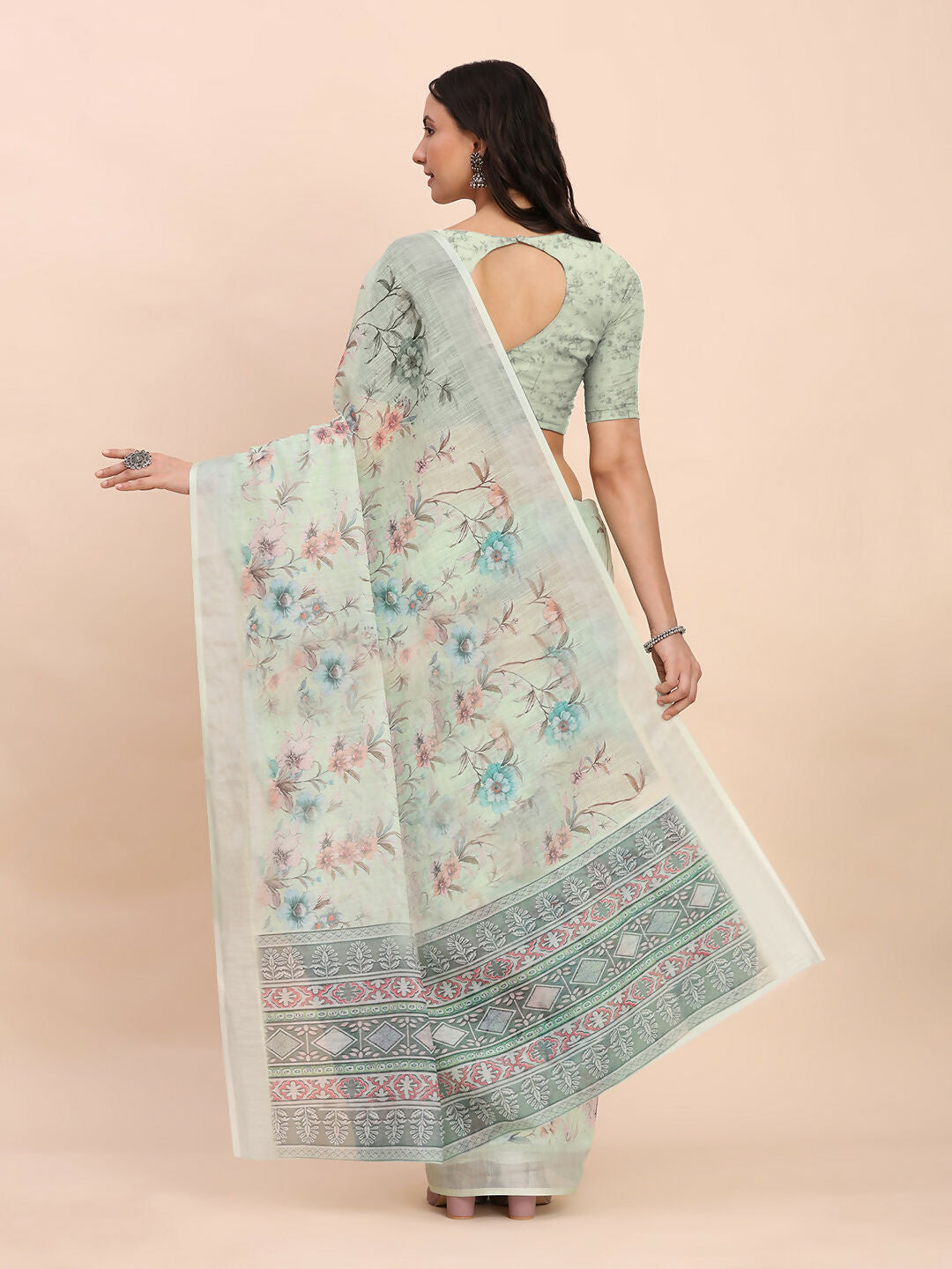 Shree Shyam Fashion Linen Cotton Light Green Saree | Grocsy