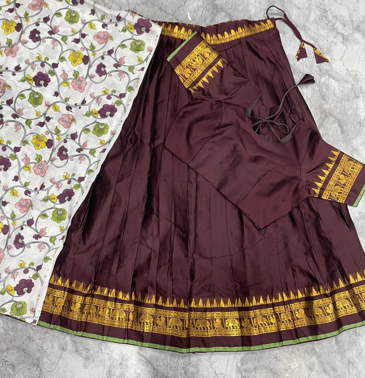 Teeya Creation Womens New Trendy Brown Traditional Pleated Lehenga Choli Set with Floral Printed Dupatta and Contrast Zari Border Set | Grocsy