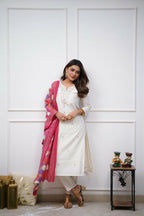 The52 Off White Beautiful Embroidered Viscose Chanderi Fabric Straight Kurta Pant with Dupatta Set | Grocsy