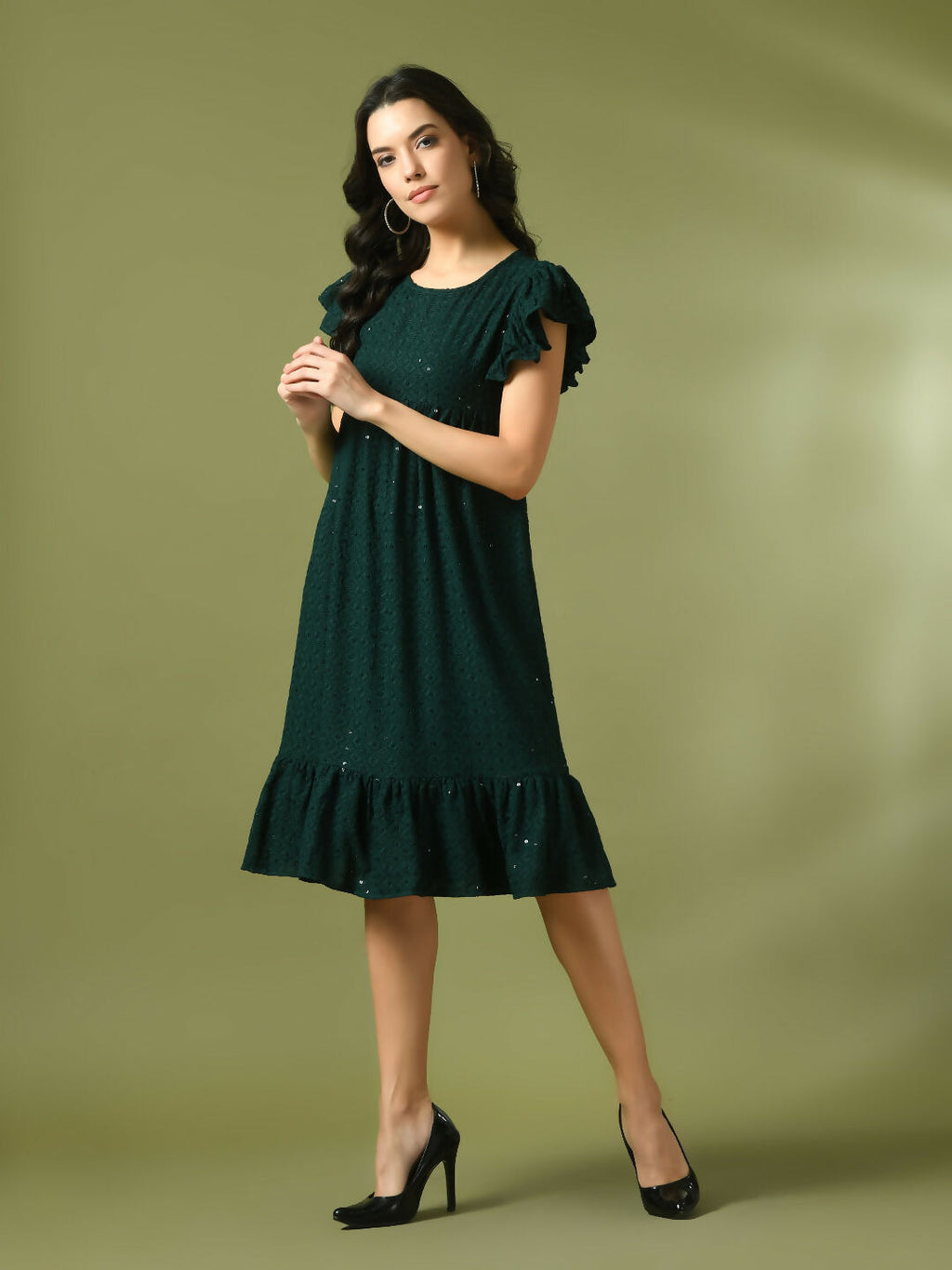 Myshka Women's Green Embroidered Cotton Round Neck A-Line Party Dress | Grocsy