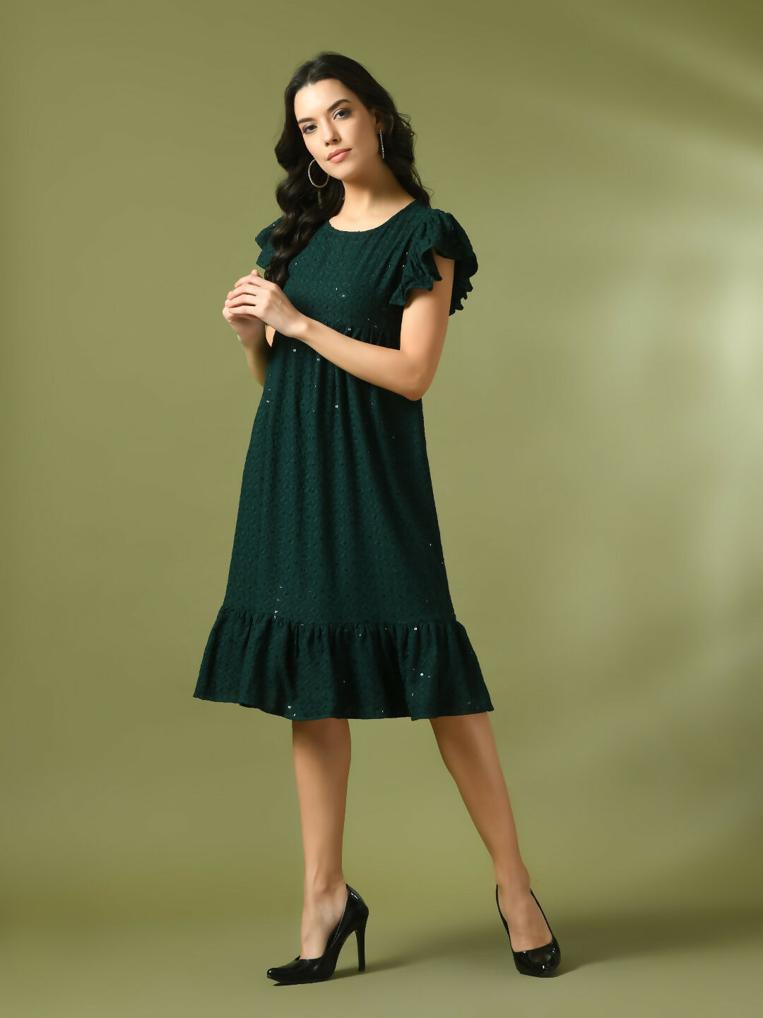 Myshka Women's Green Embroidered Cotton Round Neck A-Line Party Dress | Grocsy