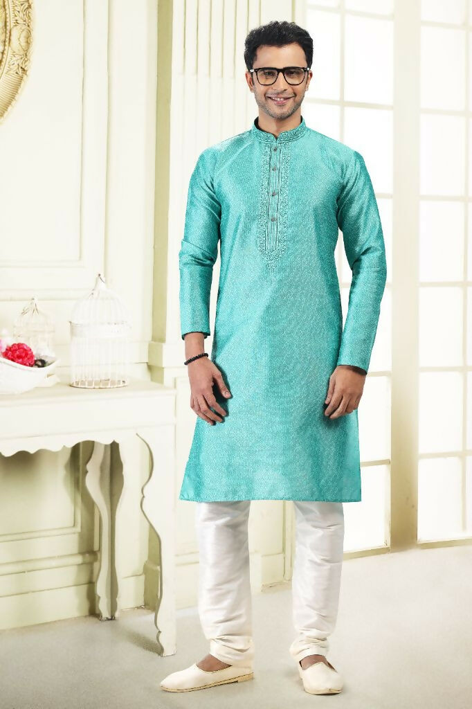 Raivat Ethnic Jacquard Banarasi Silk Thread Work Kurta Pajama In Teal Green Colour | Grocsy