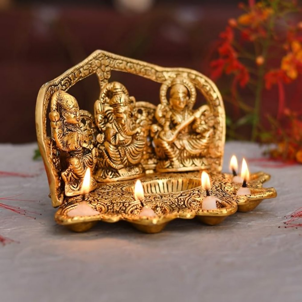 Collectible India Laxmi Ganesh Saraswati Idol Diya Oil Lamp Deepak | Grocsy