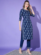 Vamika Poly Rayon Printed Royal Blue Party Wear/Casual Wear/Office Wear Kurta Set/Suit | Grocsy