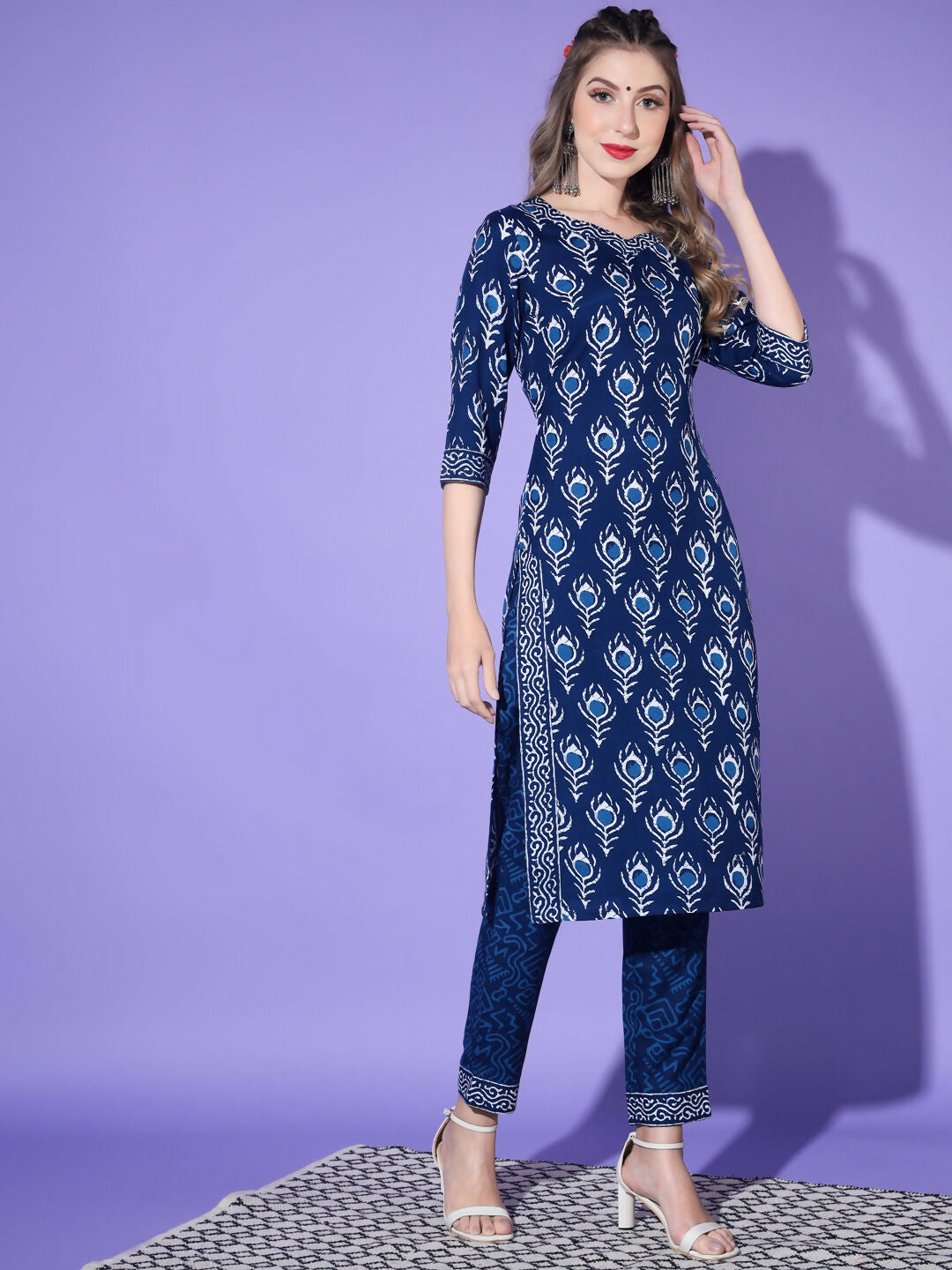Vamika Poly Rayon Printed Royal Blue Party Wear/Casual Wear/Office Wear Kurta Set/Suit | Grocsy