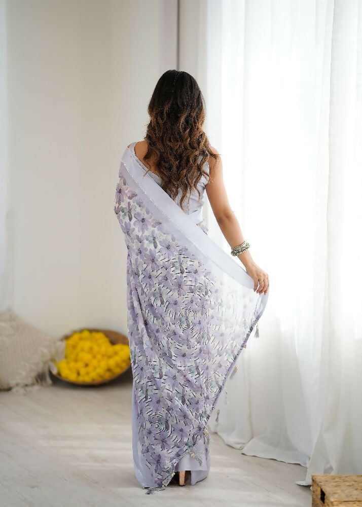 PR Fashion Light_Purple Bright Moss Satin Patta Printed Saree | Grocsy