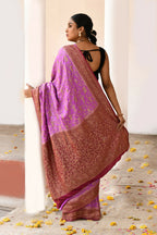 Joban Fashion Hot Pink Crepe Chiffon Pure Handloom Banarasi Silk Saree | Grocsy