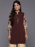 Ahalyaa Brown & Gold-Toned Mandarin Collar Printed Tunic - Brown Color | Grocsy
