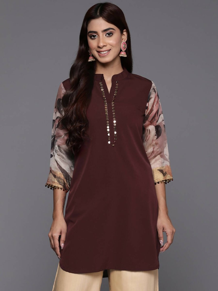 Ahalyaa Brown & Gold-Toned Mandarin Collar Printed Tunic - Brown Color | Grocsy