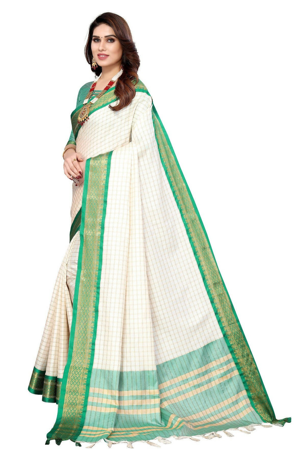 Vamika Weaving White Cotton Silk Saree (DEVAL GREEN) | Grocsy
