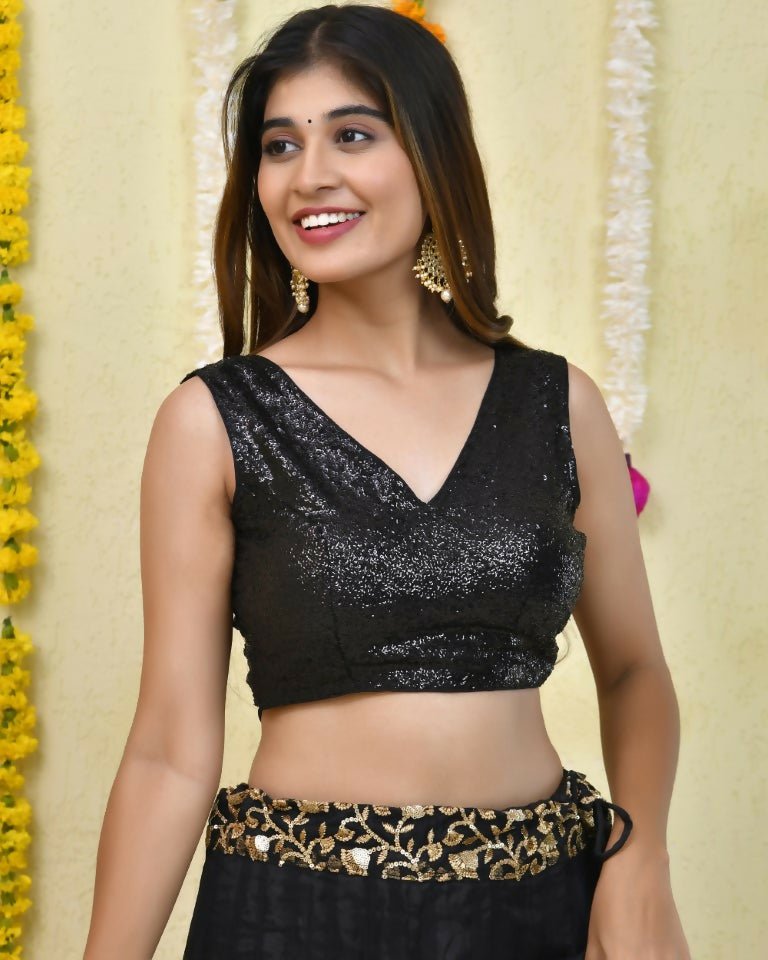 Amodini Designer Studio Black Sequined Sleeveless Blouse | Grocsy