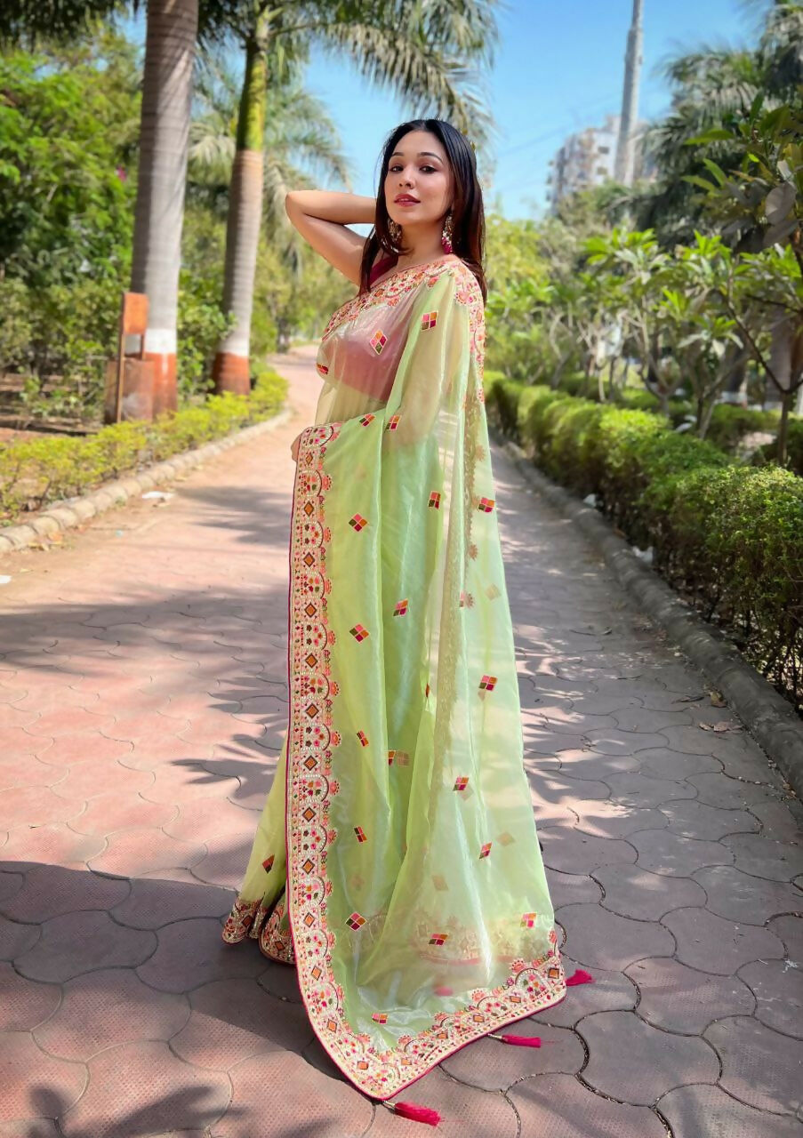 Vastranavya Twill Net Designer Embroidery & Colour Thread & Diamond work Saree with Blouse Material - Mint Green | Grocsy