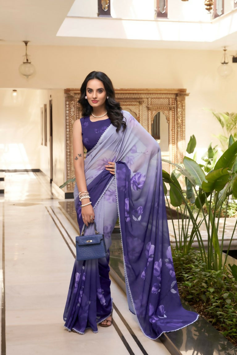 Vastranavya Purple Weightless Marble Printed & Trim Lace Border Saree with Unstitched Blouse | Grocsy