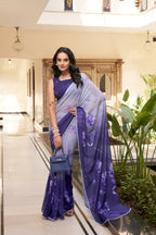 Vastranavya Purple Weightless Marble Printed & Trim Lace Border Saree with Unstitched Blouse | Grocsy