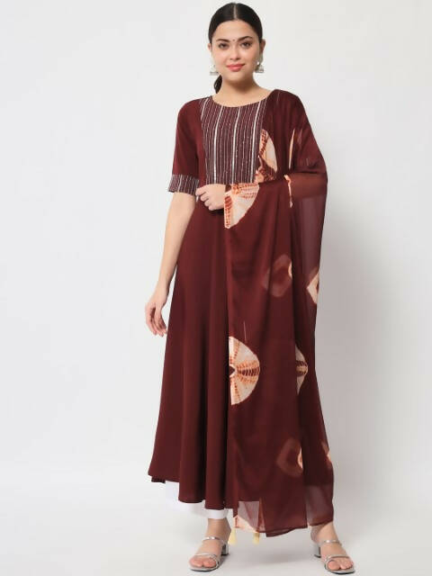 FIORRA Women's Maroon Poly Crepe Flared Kurta With Dupatta | Grocsy