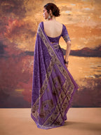 Vastranavya Purple Crepe Printed Saree with Unstitched Blouse | Grocsy