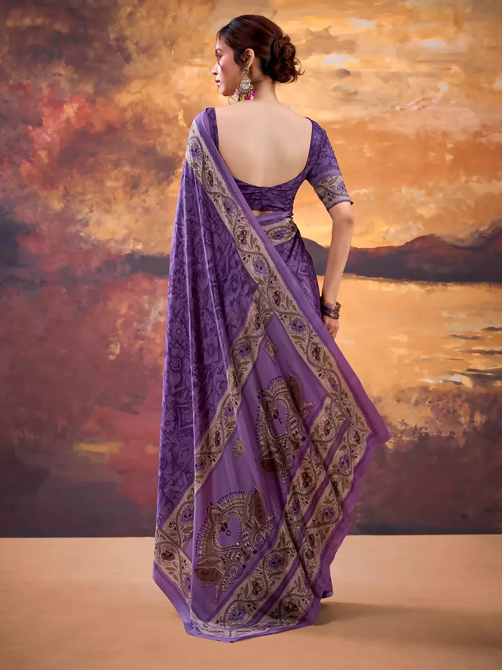 Vastranavya Purple Crepe Printed Saree with Unstitched Blouse | Grocsy