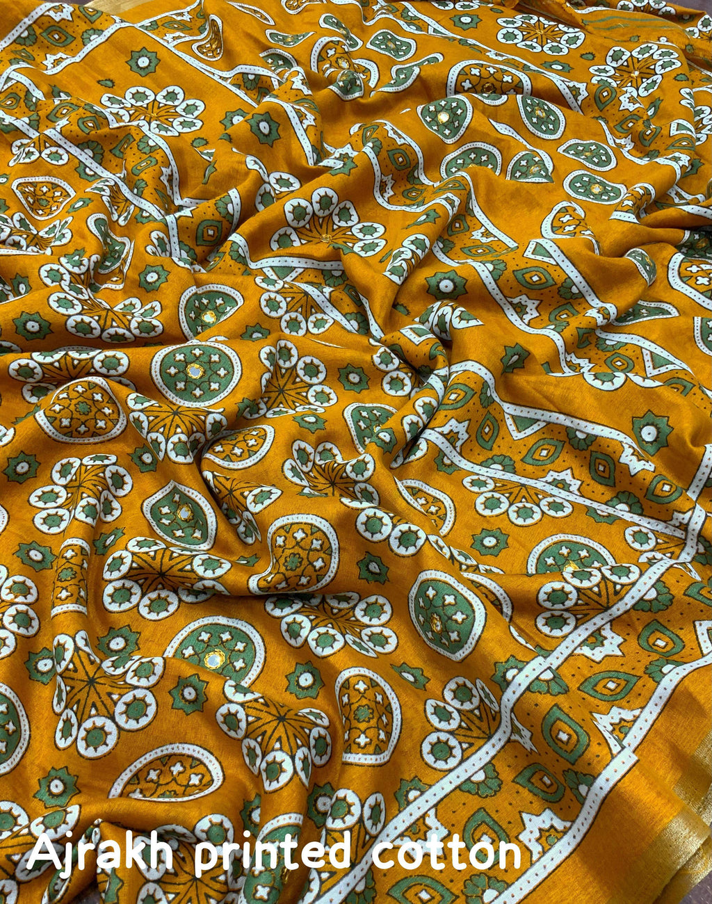 Mustard Cotton Blend Ajrak Saree with Unstitched Blouse - A2M | Grocsy