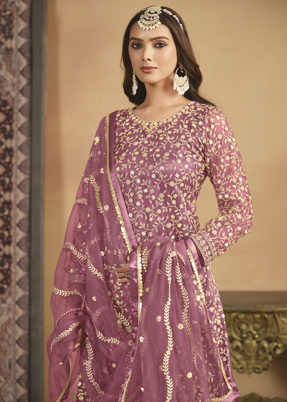 Net Onion Pink Embroidered Festive Gharara Style Suit - Emponline | Grocsy
