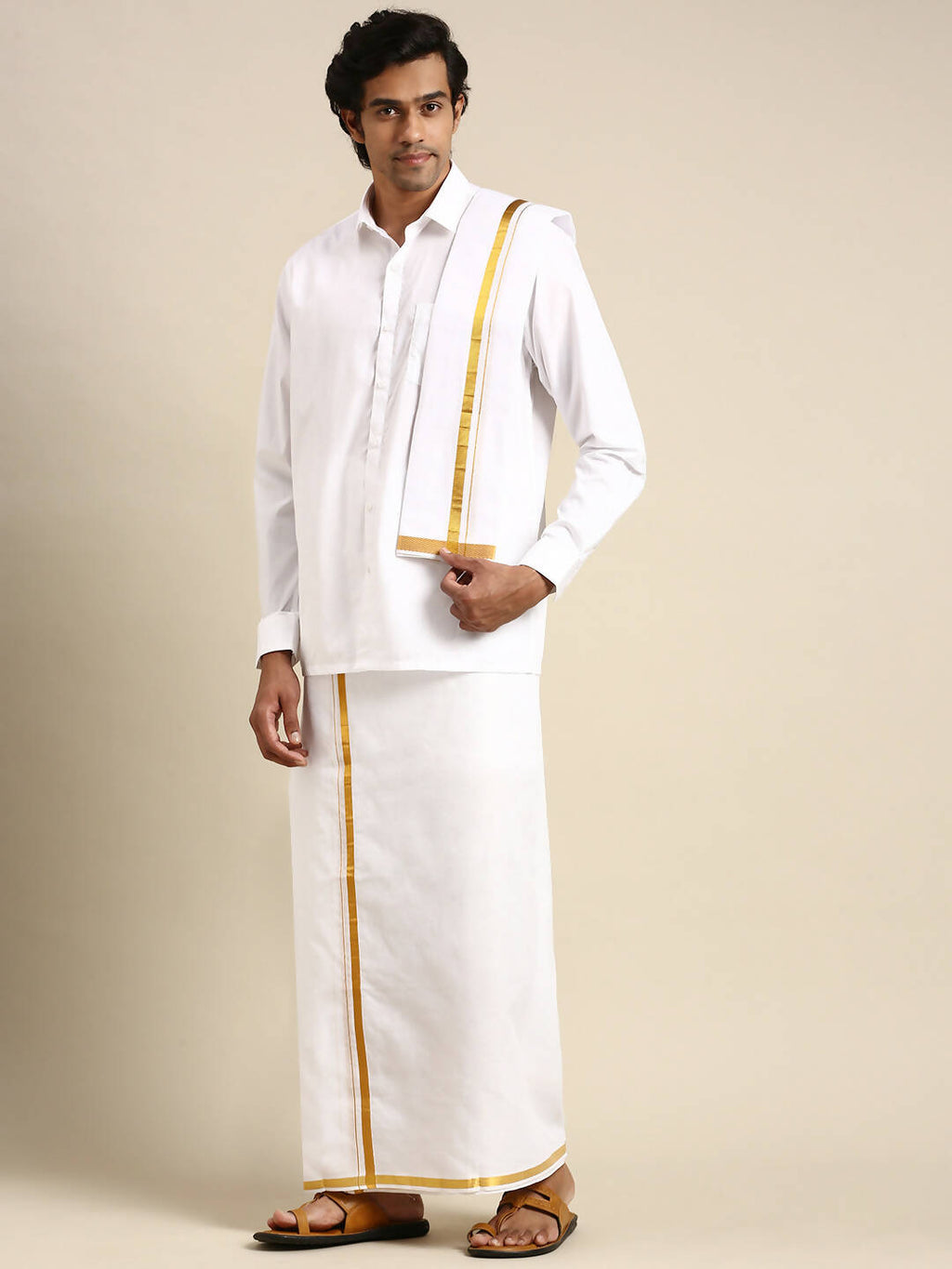 Ramraj Cotton Premium Wedding White Regular Dhoti, Shirt & Towel Set Arathi 1/2" | Grocsy