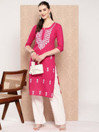Yufta Hot Pink Floral Embroidered Pure Cotton Kurta | Grocsy