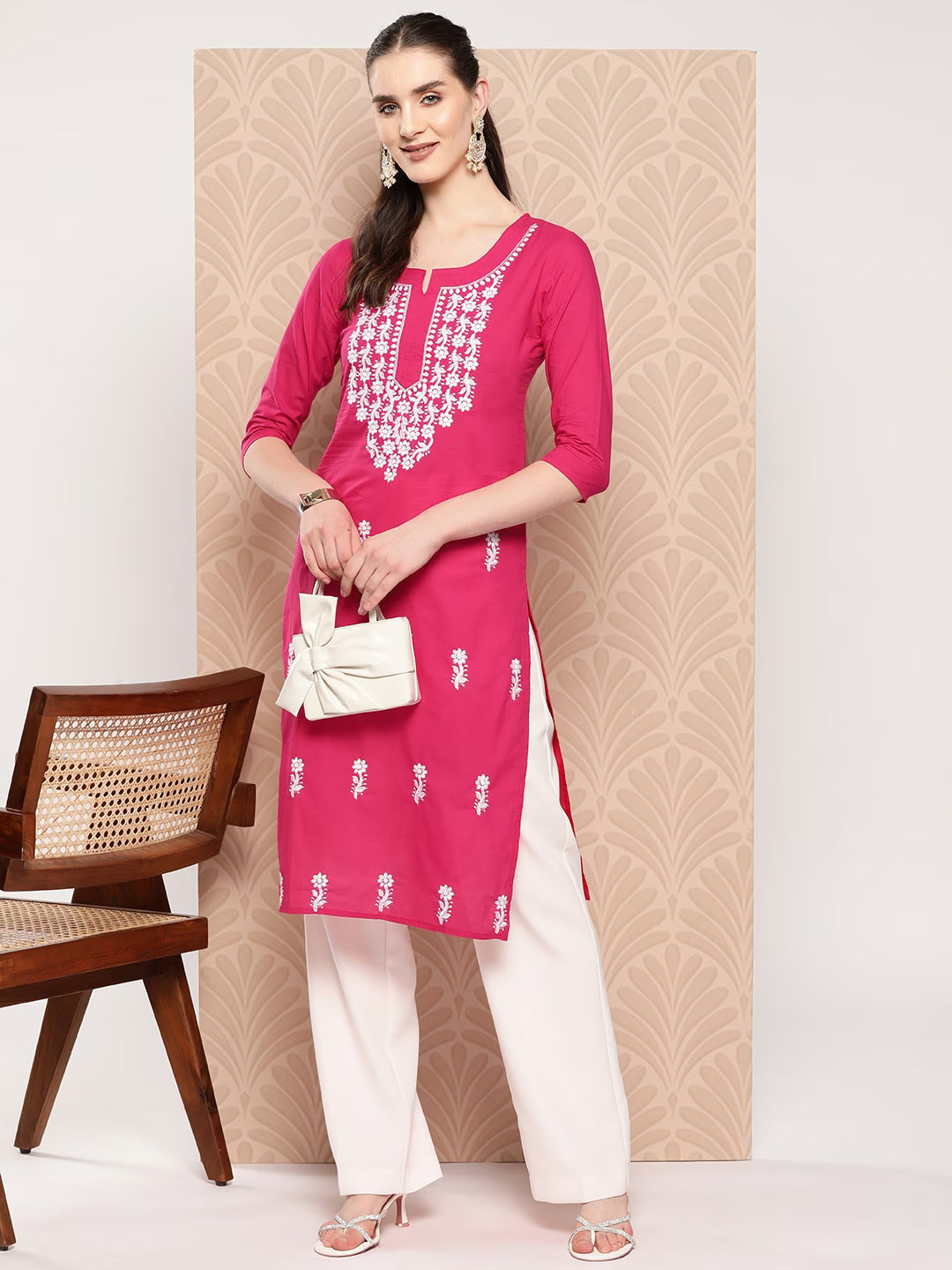 Yufta Hot Pink Floral Embroidered Pure Cotton Kurta | Grocsy