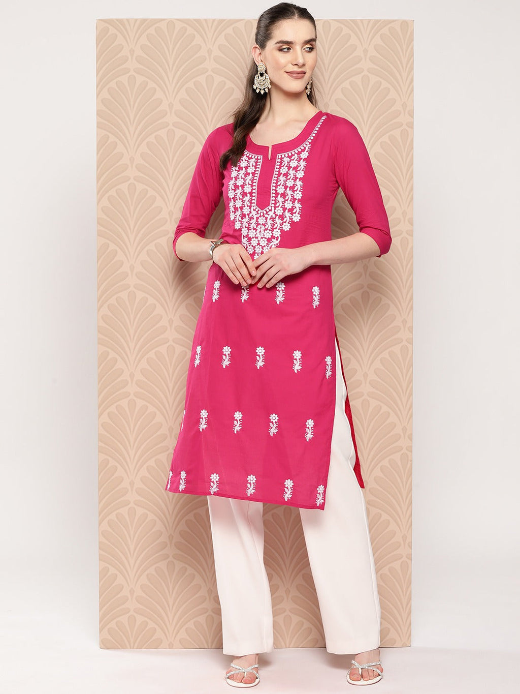 Yufta Hot Pink Floral Embroidered Pure Cotton Kurta | Grocsy