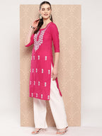 Yufta Hot Pink Floral Embroidered Pure Cotton Kurta | Grocsy
