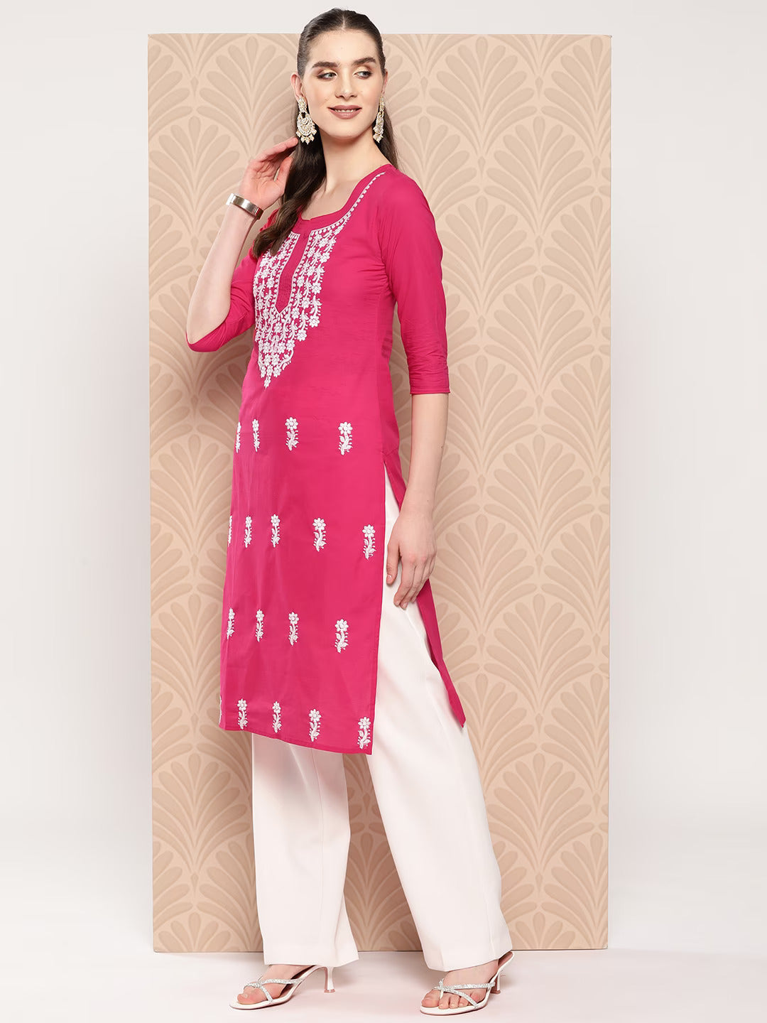 Yufta Hot Pink Floral Embroidered Pure Cotton Kurta | Grocsy