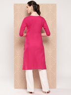 Yufta Hot Pink Floral Embroidered Pure Cotton Kurta | Grocsy