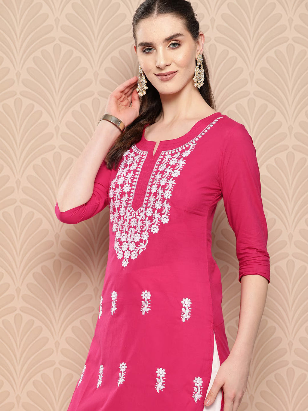 Yufta Hot Pink Floral Embroidered Pure Cotton Kurta | Grocsy