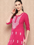 Yufta Hot Pink Floral Embroidered Pure Cotton Kurta | Grocsy