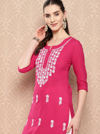Yufta Hot Pink Floral Embroidered Pure Cotton Kurta | Grocsy