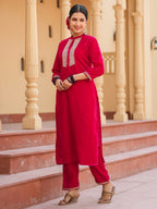 Yufta Hot pink Zari_Work Velvet Straight Kurta Trouser Set | Grocsy