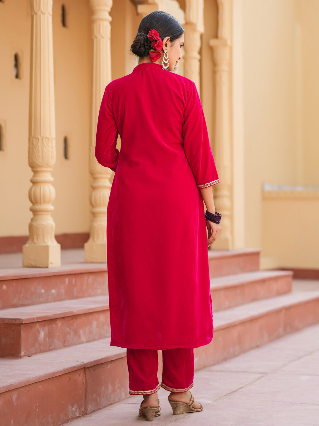 Yufta Hot pink Zari_Work Velvet Straight Kurta Trouser Set | Grocsy