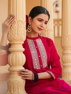 Yufta Hot pink Zari_Work Velvet Straight Kurta Trouser Set | Grocsy