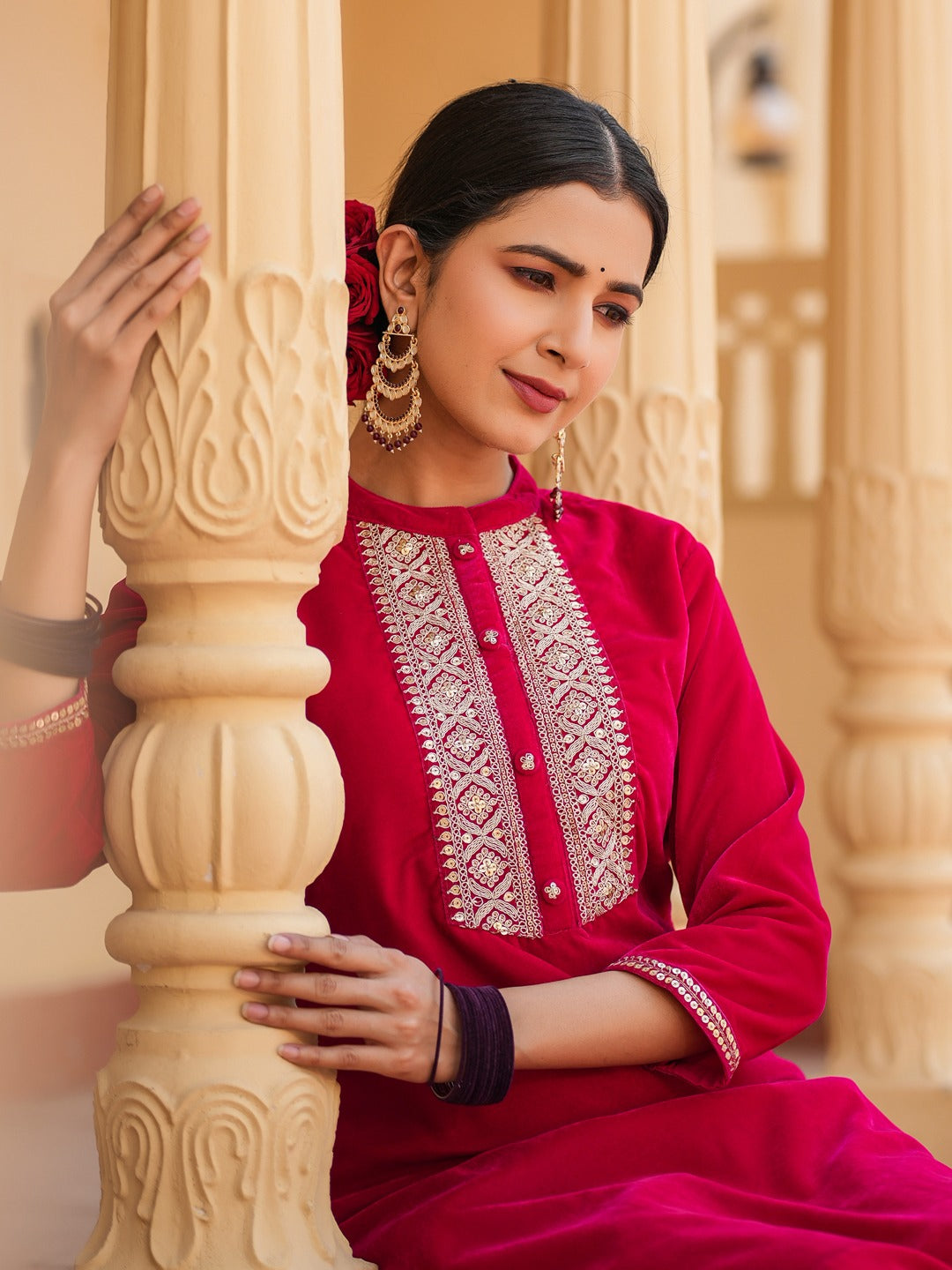 Yufta Hot pink Zari_Work Velvet Straight Kurta Trouser Set | Grocsy