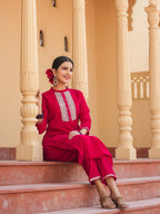 Yufta Hot pink Zari_Work Velvet Straight Kurta Trouser Set | Grocsy