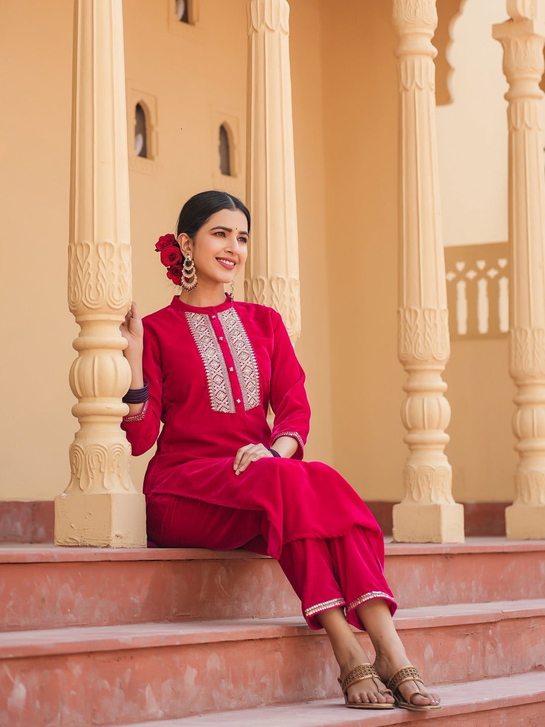 Yufta Hot pink Zari_Work Velvet Straight Kurta Trouser Set | Grocsy