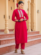 Yufta Hot pink Zari_Work Velvet Straight Kurta Trouser Set | Grocsy