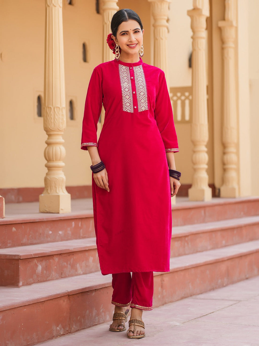 Yufta Hot pink Zari_Work Velvet Straight Kurta Trouser Set | Grocsy