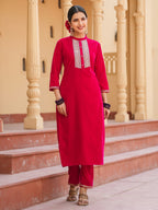 Yufta Hot pink Zari_Work Velvet Straight Kurta Trouser Set | Grocsy