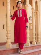 Yufta Hot pink Zari_Work Velvet Straight Kurta Trouser Set | Grocsy