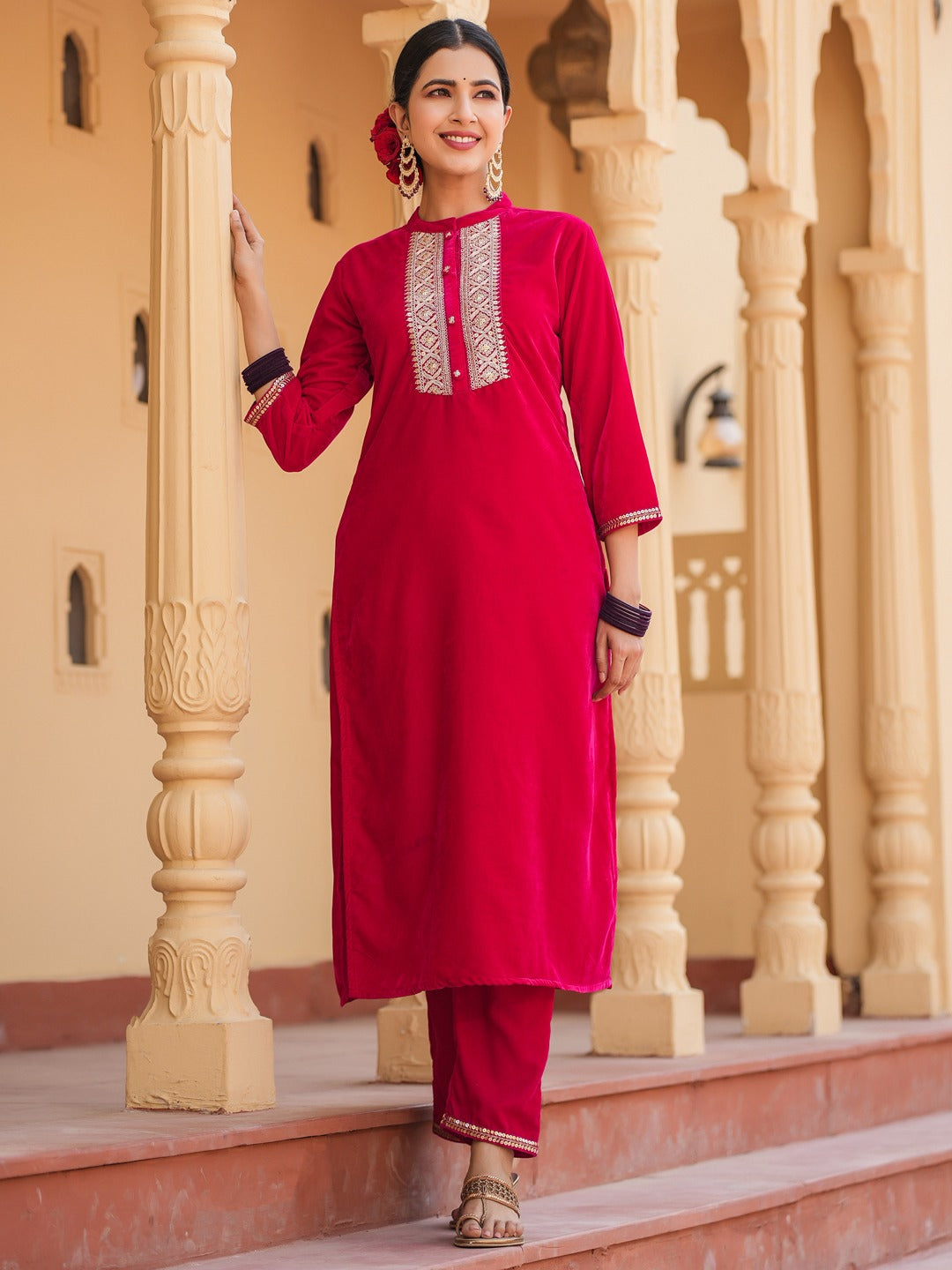 Yufta Hot pink Zari_Work Velvet Straight Kurta Trouser Set | Grocsy