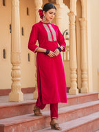 Yufta Hot pink Zari_Work Velvet Straight Kurta Trouser Set | Grocsy
