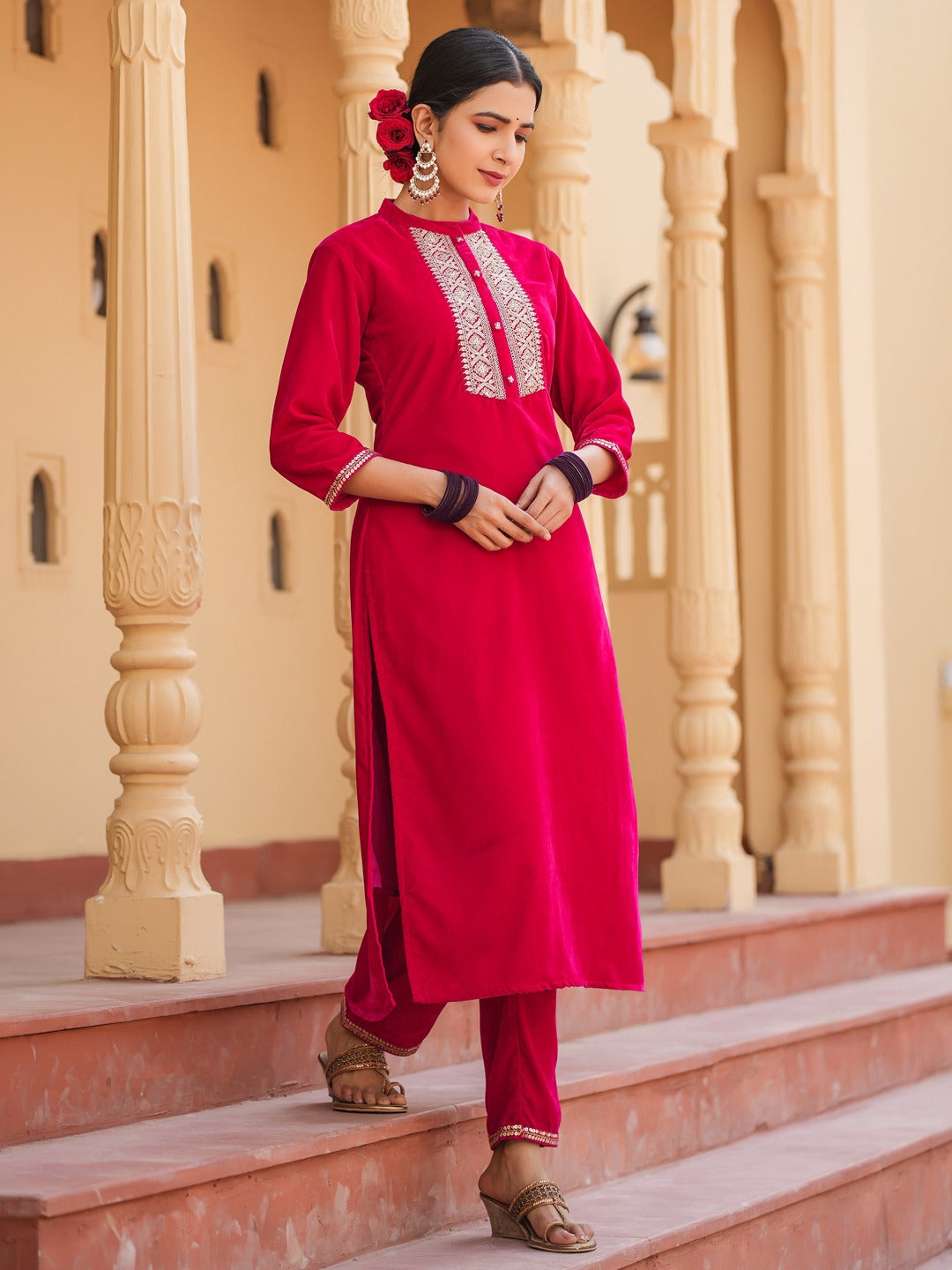 Yufta Hot pink Zari_Work Velvet Straight Kurta Trouser Set | Grocsy