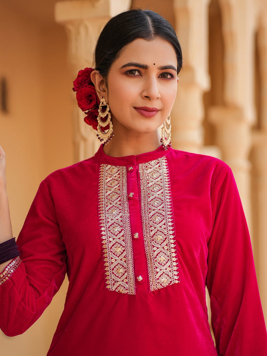 Yufta Hot pink Zari_Work Velvet Straight Kurta Trouser Set | Grocsy